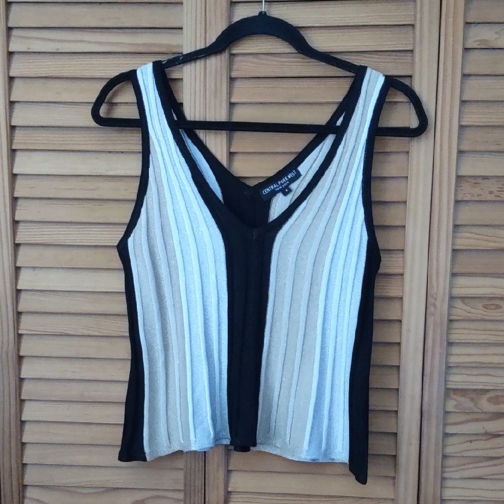 Central Park West Black  White Vertical Stripes Cable Metallic Knit Tank Top S